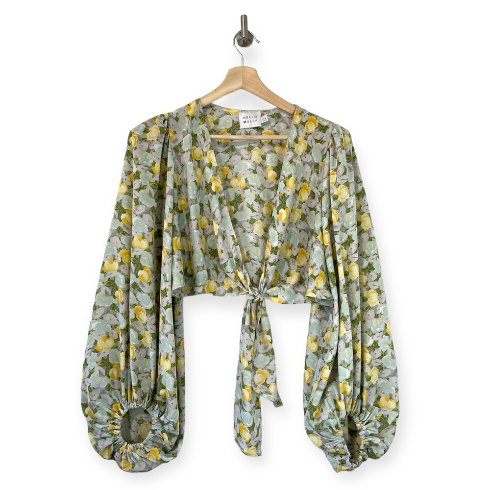 Hello Molly Ballroom Bloom Floral Lantern Sleeve Knot Front Crop Top Large